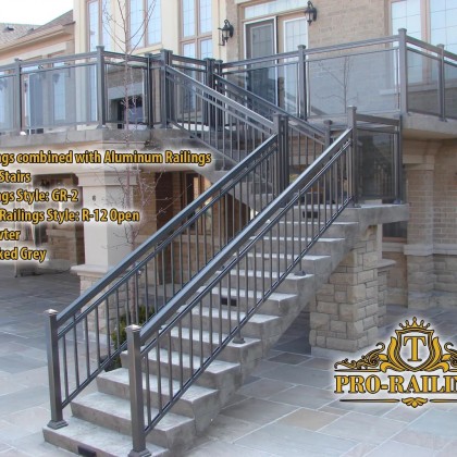 TorontoProRailings-Glass-Railings-Style-GR-2-combined-with-Aluminum-Railings-Style-R-12-Open-Patio-with-Stairs-Pewter-Glass-Smoked-Grey